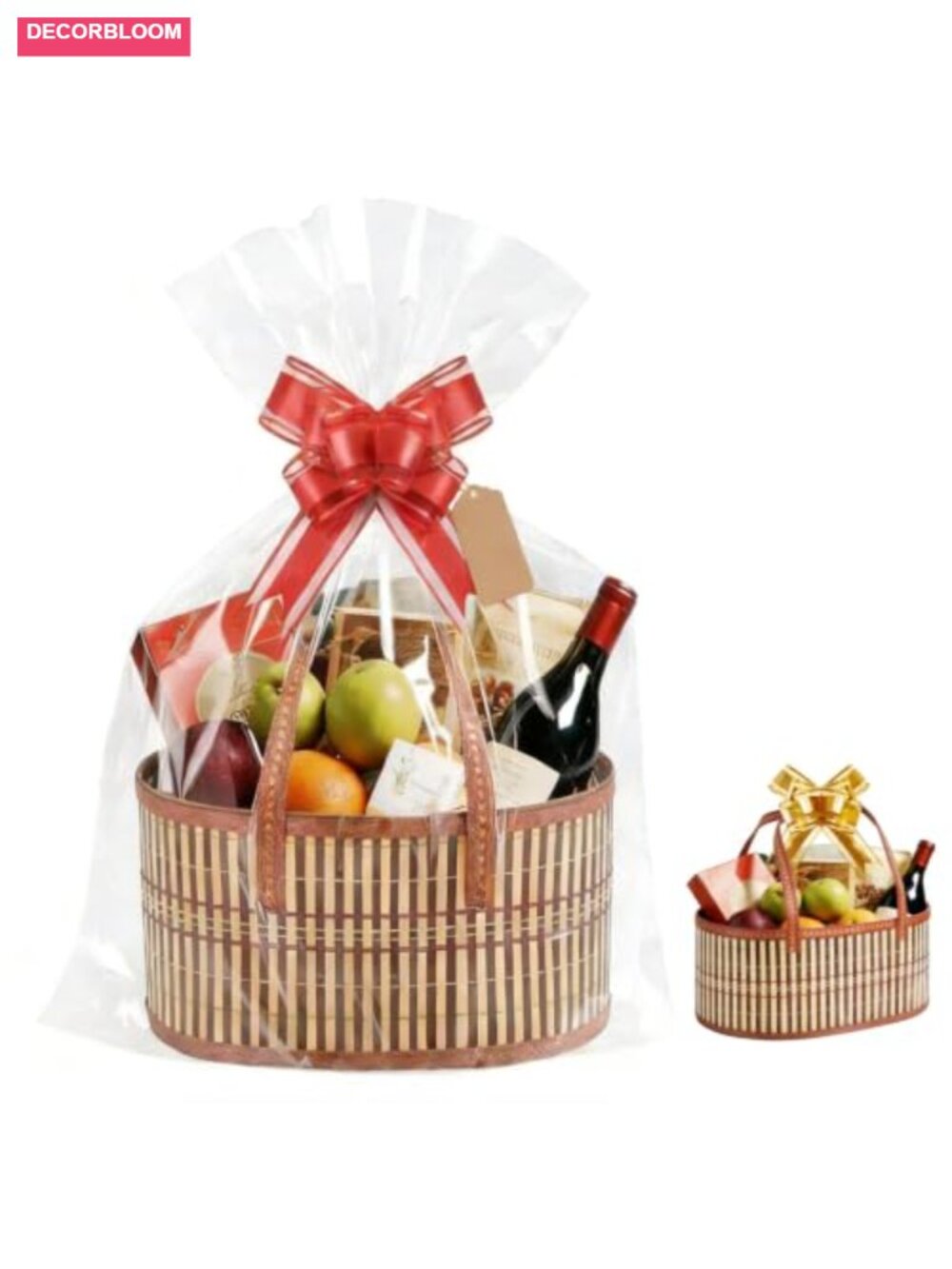 Empty Woven Bamboo Gift Basket Kit with Cellophane Bag Ribbon Bow Card Tag